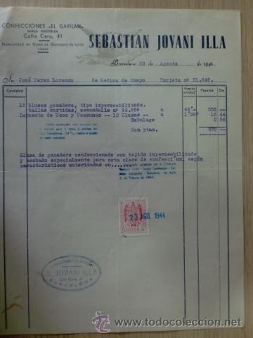 Factures anciennes: FACTURA DE SEBASTIAN JOVANI ILLA. CONFECCIONES EL GAVILAN. BARCELONA. AGOSTO 1944.