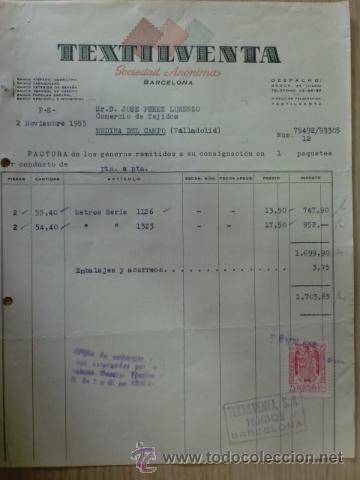 Factures anciennes: FACTURA DE TEXTILVENTA, S. A. BARCELONA. NOVIEMBRE 1955.