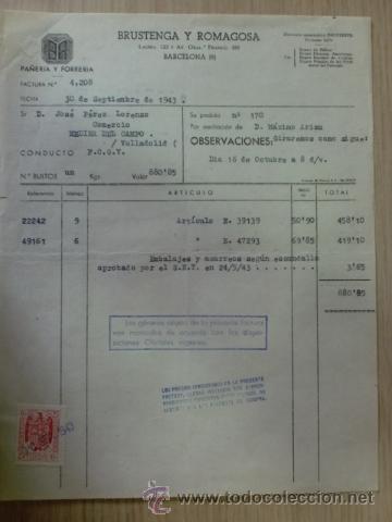 Factures anciennes: FACTURA DE BRUSTENGA Y ROMAGOSA. PA&Ntilde;ERIA Y FORRERIA. BARCELONA. SEPTIEMBRE 1943.