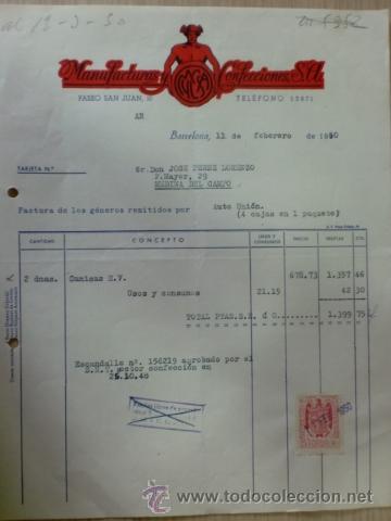 Factures anciennes: FACTURA DE MANUFACTURAS Y CONFECCIONES MYCSA, S. A. BARCELONA. FEBRERO 1950.
