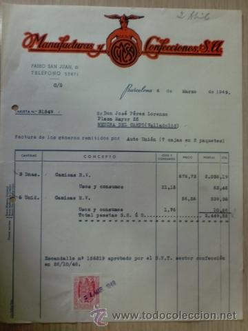 Facturas antiguas: FACTURA DE MANUFACTURAS Y CONFECCIONES MYCSA, S. A. BARCELONA. MARZO 1949.