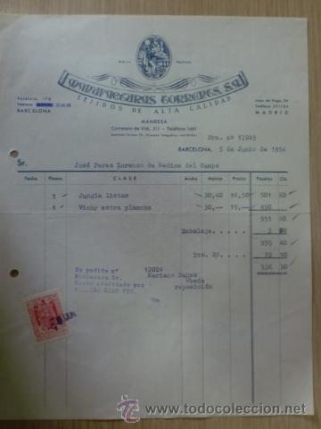 Facturas antiguas: FACTURA DE MANUFACTURAS TORRENTS, S. A. TEJIDOS DE ALTA CALIDAD. MANRESA, BARCELONA. JUNIO 1954.