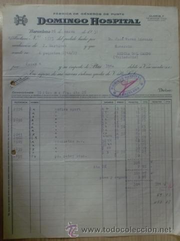 Facturas antiguas: FACTURA DE DOMINGO HOSPITAL FABRICA DE GENEROS DE PUNTO. BARCELONA. MARZO 1931.