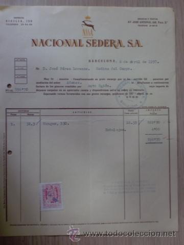 Facturas antiguas: FACTURA DENACIONAL SEDERA S. A. N.S.S.A. BARCELONA. ABRIL 1957.