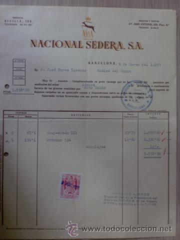 Facturas antiguas: FACTURA DENACIONAL SEDERA S. A. N.S.S.A. BARCELONA. MARZO 1957.