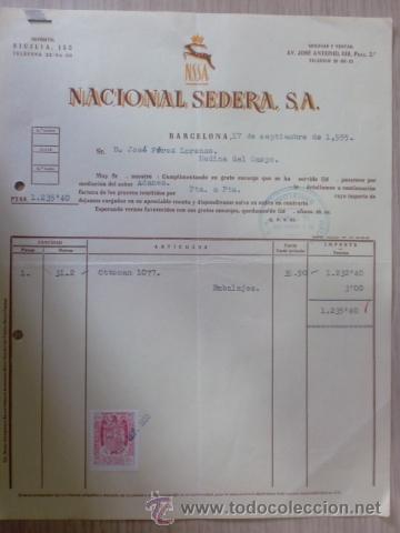 Facturas antiguas: FACTURA DENACIONAL SEDERA S. A. N.S.S.A. BARCELONA. SEPTIEMBRE 1955.