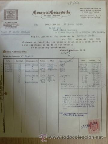 Facturas antiguas: FACTURA DE COMERCIAL CASACUBERTA S. A. CONFECCIOES. BARCELONA. ENERO 1948.