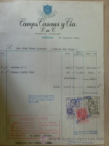 Facturas antiguas: FACTURA DE TEJIDOS CAMPS, CASAUS Y CIA S. EN C. BARCELONA. FEBRERO 1954.