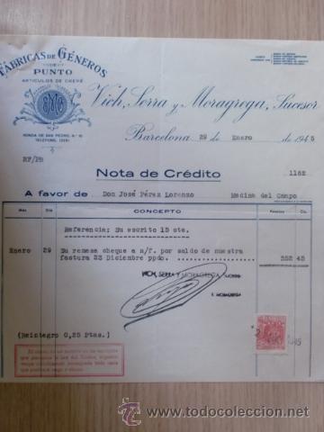 Facturas antiguas: FACTURA DE VICH, SERRA Y MORAGREGA, SUCESOR. FABRICAS GENEROS DE PUNTO. BARCELONA. ENERO 1945.
