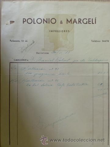 Facturas antiguas: FACTURA DE POLONIO Y MARGELI. IMPRESORES. BARCELONA. NOVIEMBRE 1933.