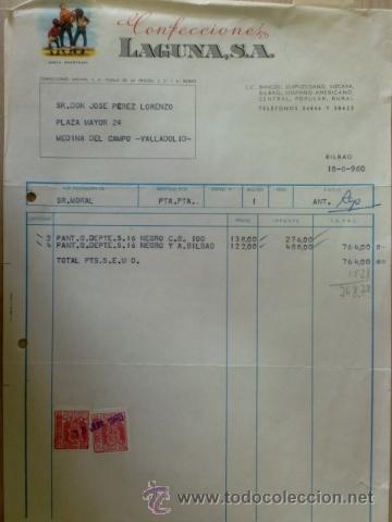 Facturas antiguas: FACTURA DE CONFECCIONES LAGUNA S. A. MARCA REGISTRADA. BILBAO 1960.