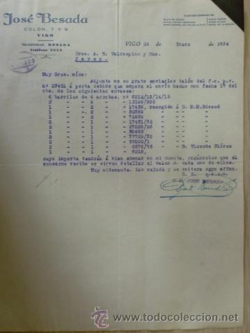 Facturas antiguas: FACTURA DE JOSE BESADA. VIGO. ENERO 1934.