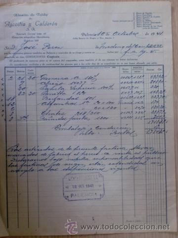 Facturas antiguas: FACTURA DE JAZCOITIA Y CALDERON S. A. ALMACEN DE TEJIDOS. PALENCIA. OCTUBRE 1941.