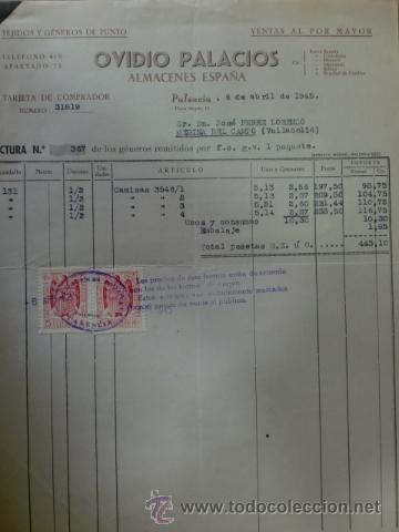 Facturas antiguas: FACTURA DE OLVIDO PALACIOS. ALMACENES ESPA&Ntilde;A, TEJIDOS Y GENEROS DE PUNTO. PALENCIA. ABRIL 1957.