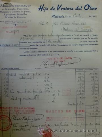 Facturas antiguas: FACTURA DE HIJO DE VENTURA DEL OLMO. ALMACEN POR MAYOR. PALENCIA. SEPTIEMBRE 1943.