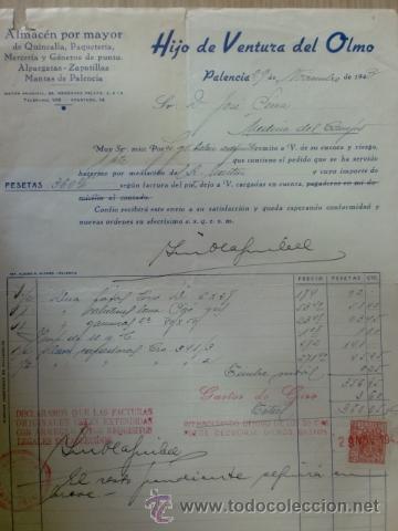 Facturas antiguas: FACTURA DE HIJO DE VENTURA DEL OLMO. ALMACEN POR MAYOR. PALENCIA. NOVIEMBRE 1943.