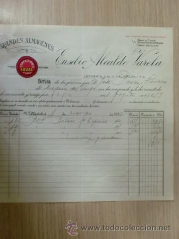 Facturas antiguas: FACTURA DE EUSEBIO ALCALDE VARELA. CONFECCIONES EAVAL, GRANDES ALMACENES. VALLADOLID. MARZO 1932..