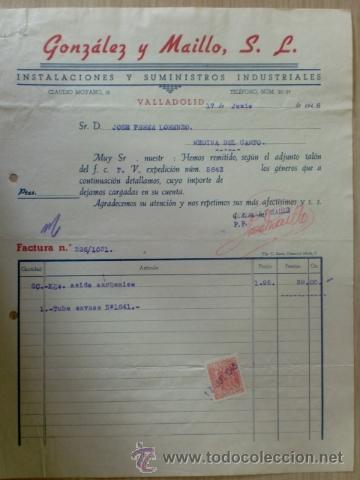 Facturas antiguas: FACTURA DE GONZALEZ Y MAILLO, S. L. INSTALACIONES SUMINISTROS INDUSTRIALES. VALLADOLID. JUNIO 1946.