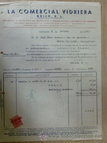 Facturas antiguas: FACTURA DE LA COMERCIAL VIDRIERA. SEIJO, S. L. VALLADOLID. OCTUBRE 1949.