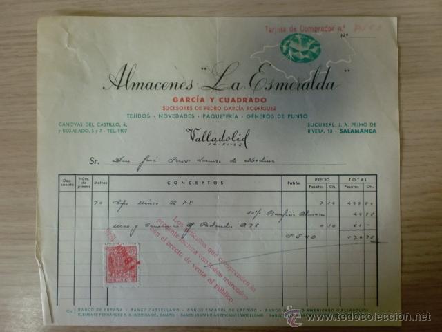 Facturas antiguas: FACTURA DE GARCIA Y CUADRADO. ALMACENES LA ESMERALDA. VALLADOLID. NOVIEMBRE 1946.