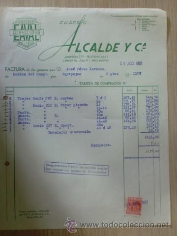 Facturas antiguas: FACTURA DE EUSEBIO ALCALDE Y CIA. CONFECCIONES EAVAL. VALLADOLID. AGOSTO 1951.