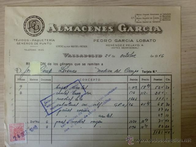 Alte Rechnungen: FACTURA DE PEDRO GARCIA LOBATO. ALMACENES GARCIA. VALLADOLID. OCTUBRE 1946.