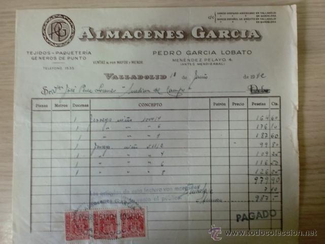 Alte Rechnungen: FACTURA DE PEDRO GARCIA LOBATO. ALMACENES GARCIA. VALLADOLID. JUNIO 1942.