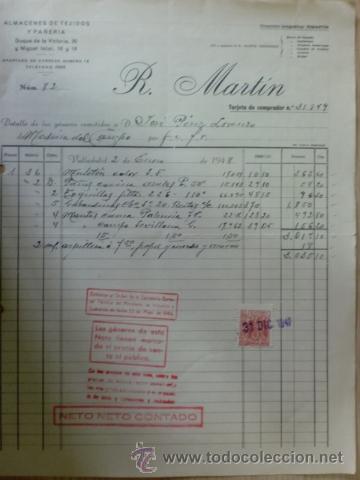 Alte Rechnungen: FACTURA DE R. MARTIN. ALMACENES DE TEJIDOS Y PA&Ntilde;ERIA. VALLADOLID. DICIEMBRE  1947.