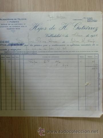 Alte Rechnungen: FACTURA DE HIJOS DE H. GUTIERREZ. ALMACENES DE TEJIDOS Y PA&Ntilde;ERIA. VALLADOLID. FEBRERO 1935.