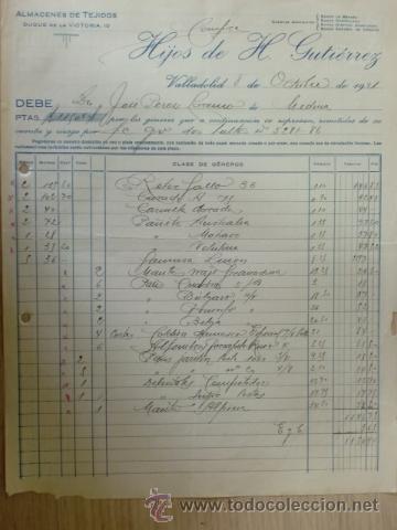 Alte Rechnungen: FACTURA DE HIJOS DE H. GUTIERREZ. ALMACENES DE TEJIDOS Y PA&Ntilde;ERIA. VALLADOLID. OCTUBRE 1931.