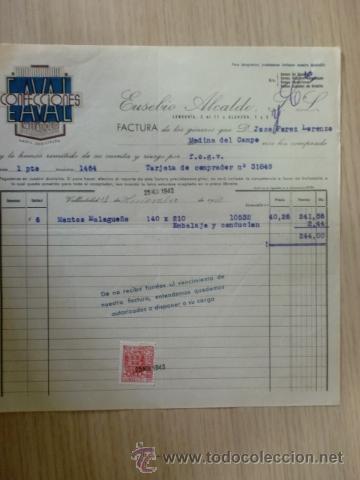 Alte Rechnungen: FACTURA DE EUSEBIO ALCALDE S. L. CONFECCIONES EAVAL. VALLADOLID. NOVIEMBRE 1943.