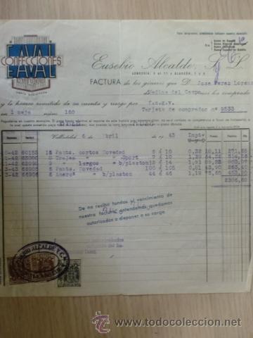 Alte Rechnungen: FACTURA DE EUSEBIO ALCALDE S. L. CONFECCIONES EAVAL. VALLADOLID. ABRIL 1943.