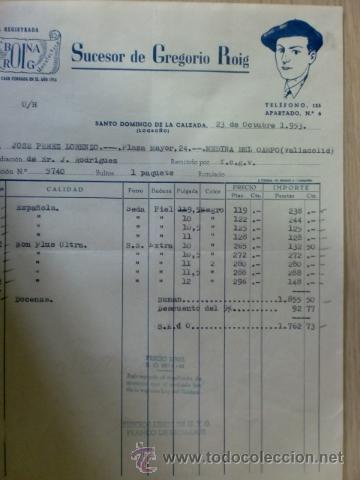Alte Rechnungen: FACTURA DE SUCESOR DE GREGORIO ROIG. BOINAS ROIG. SANTO DOMINGO DE LA CALZADA. OCTUBRE 1953.