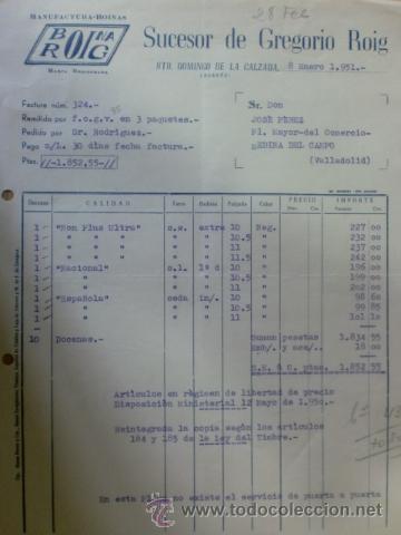Alte Rechnungen: FACTURA DE SUCESOR DE GREGORIO ROIG. BOINAS ROIG. SANTO DOMINGO DE LA CALZADA. ENERO 1951.