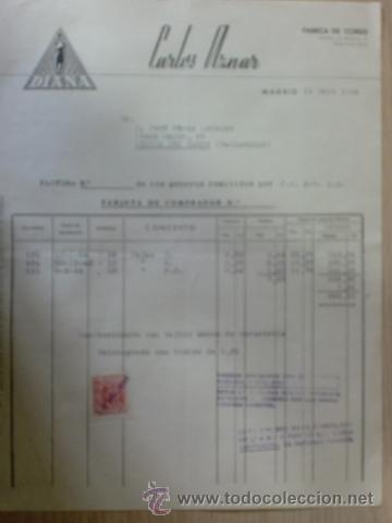Alte Rechnungen: FACTURA DE CARLOS AZNAR. DIANA, MANUFACTURAS DE CORSETERIA. MADRID. MAYO 1944.