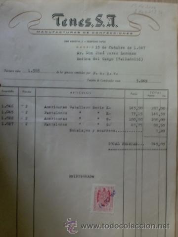 Alte Rechnungen: FACTURA DE TENES, S. A. MANUFACTURAS DE CONFECCIONES. MADRID. OCTUBRE 1947.