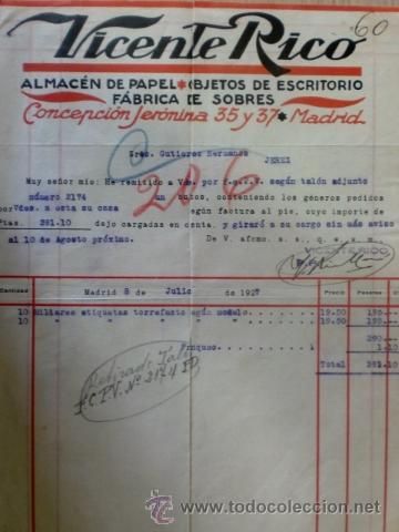 Alte Rechnungen: FACTURA DE VICENTE RICO. ALMACEN DE PAPELES, FABRICA DE SOBRES. MADRID. JULIO 1927.