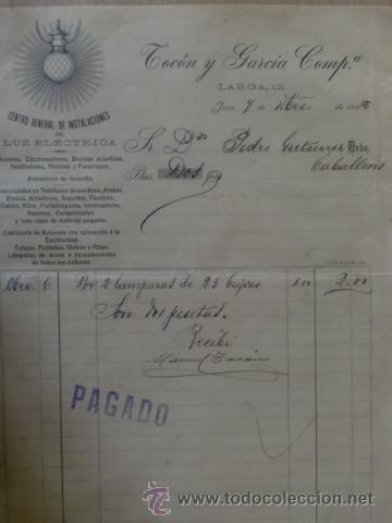 Alte Rechnungen: FACTURA DE TOCON Y GARCIA COMPA&Ntilde;IA. INATALACIONES LUZ ELECTRICA. JEREZ. OCTUBRE 1903