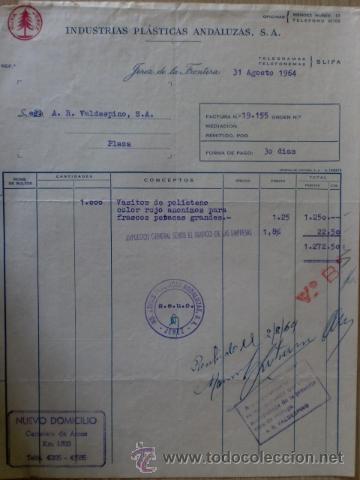 Alte Rechnungen: FACTURA DE INDUSTRIAS PLASTICAS ANDALUZAS, S. A. JEREZ DE LA FRONTERA. AGOSTO 1964