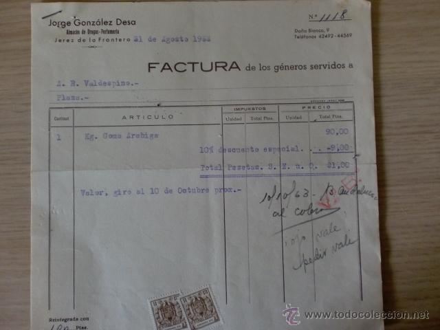 Alte Rechnungen: FACTURA DE JORGE GONZALEZ DESA. ALMACEN DE DROGAS-PERFUMERIA. JEREZ DE LA FRONTERA. AGOSTO 1963.