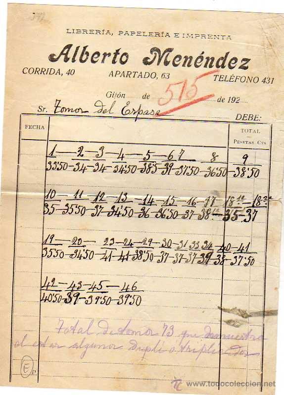 Old Invoices: Factura. Alberto Men&eacute;ndez. Libreria, papeler&iacute;a e imprenta. Gijon. Asturias