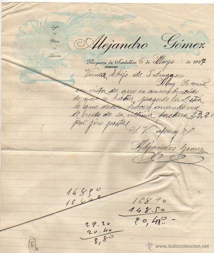Old Invoices: Factura. Alejandro Gomez Porquera de Santullan Palencia. Cafe, Vinos, licores. Firma propietario.