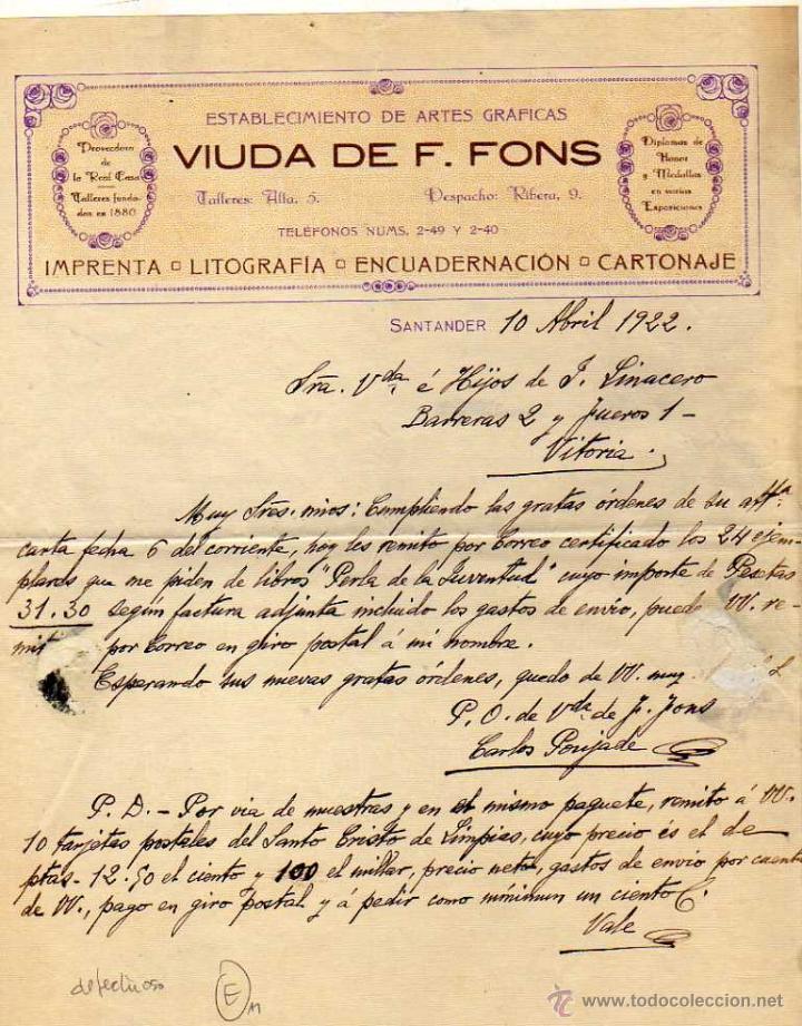 Facturas antiguas: Factura. Santander. Viuda de Fons. Artes gr&aacute;ficas. Imprenta, litograf&iacute;a, proveedora Real Casa.