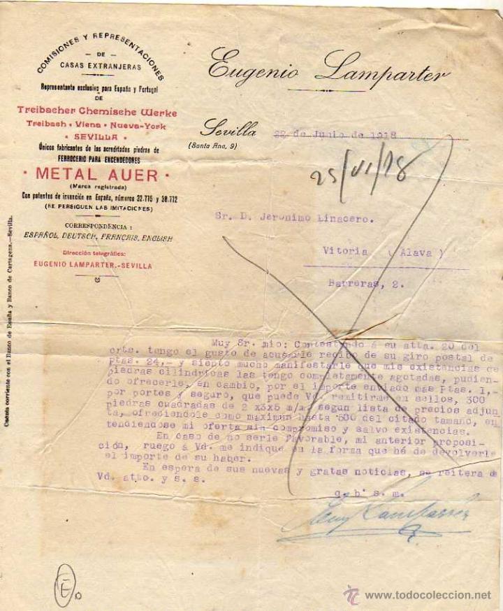 Old Invoices: Factura. Sevilla Eugenio Lamparter. Metal Auer, comisionista y representaciones. Firma.