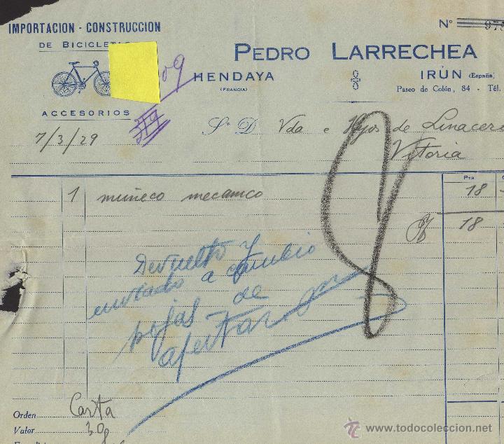 Facturas antiguas: Factura Larrechea Hendaya Irun bicicletas accesorios Guipuzcoa Pais Vasco Euskadi