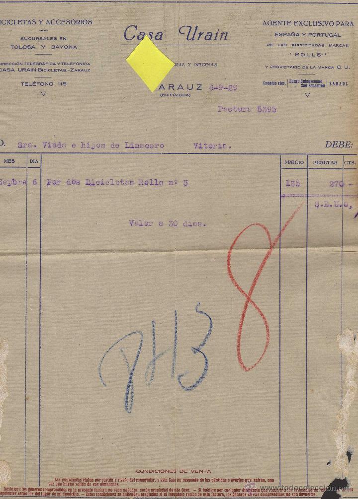 Facturas antiguas: Factura bicicletas urain zarauz guipuzcoa euskadi pais vasco tolosa bayona