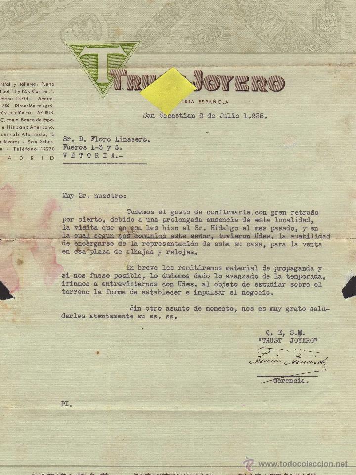 Facturas antiguas: factura joyero trust san sebastian guipuzcoa euskadi donosti pais vasco joya relosjes medallas