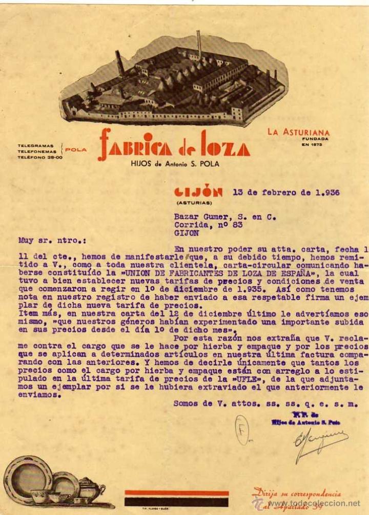 Facturas antiguas: FACTURA. FÁBRICA DE LOZA. HIJOS DE ANTONIO S. POLA. LA ASTURIANA. GIJON. 1936. FOLIO.