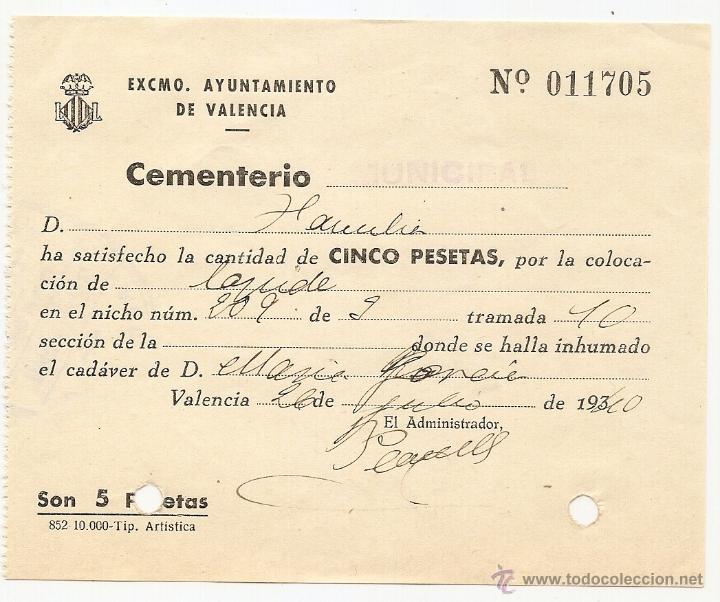 Facturas antiguas: Valencia. Recib&iacute; del cementerio municipal. 1940 - Foto 1