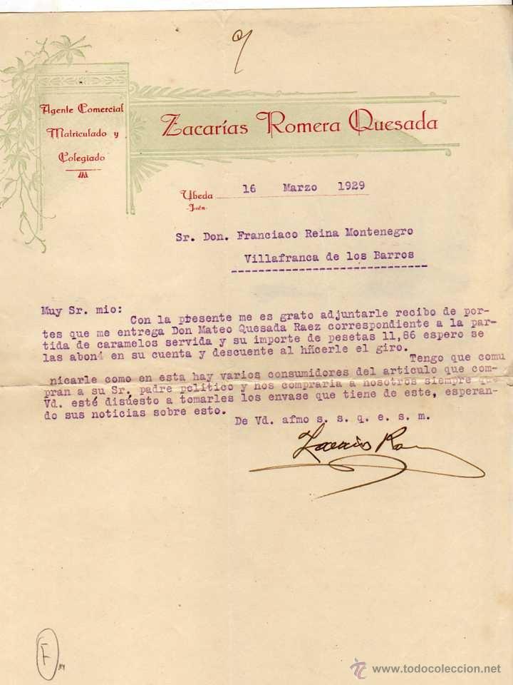 Old Invoices: Factura. Zacarias romera Quesada. Ubeda. Jaen. Agente comercial. Firma 1929